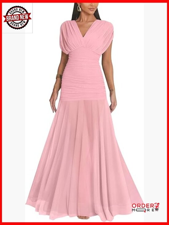 Dresses & Skirts - Elegant Formal V Neck Mesh Cap Sleeve Bodycon Ruched Ruffle Hem Long Maxi Dress